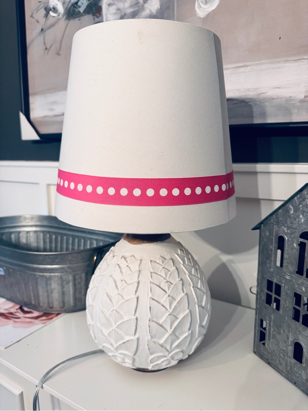 Pottery Barn Kids White Wood Carved Table Lamp with Pink Polka Dot Band